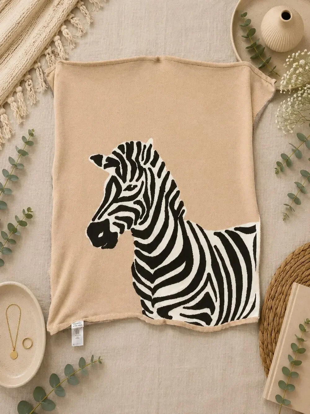 West Elm x Pottery Barn Kids Zebra Knit Throw Blanket Tan Brown 30x40 Cotton